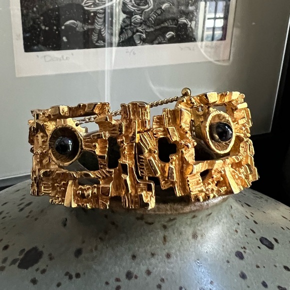 Vintage Rare Brutalist Bracelet Robert Larin 1960s Modernist Gold Plated Pewter - Picture 7 of 14